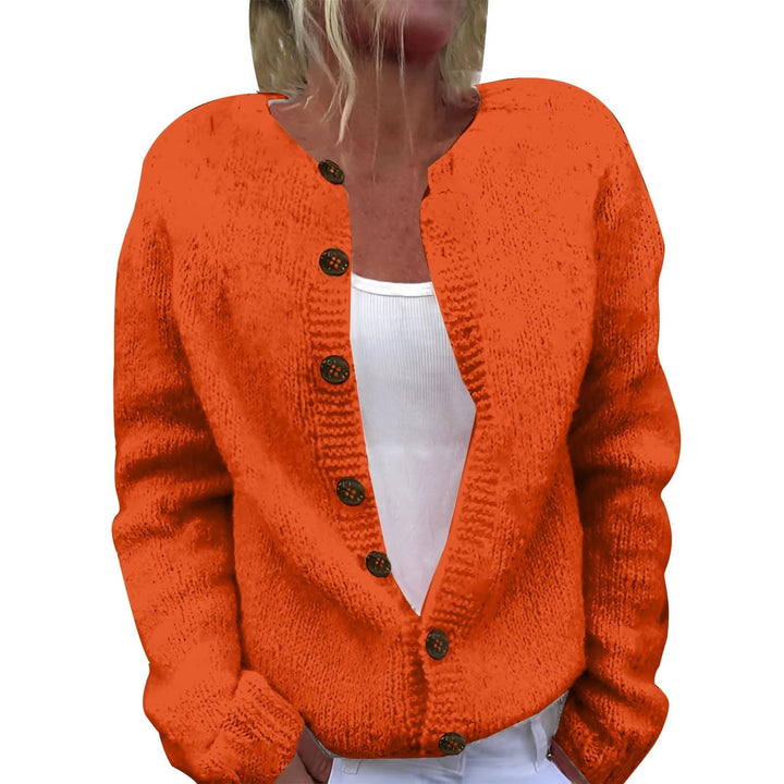 Ladies cozy knitted cardigan with decorative wooden buttons and round neckline Mune Fashion