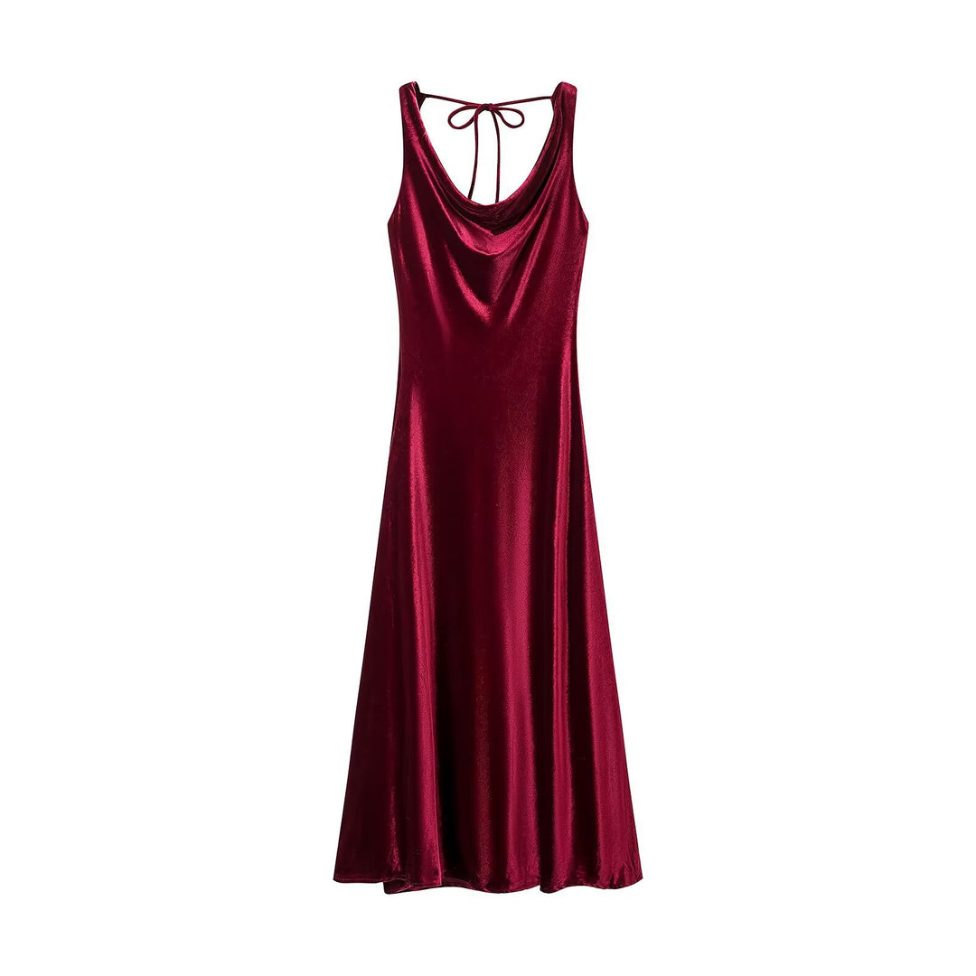 Women's maxi dress made of satin with a waterfall neckline and strap binding at the back Mune Fashion