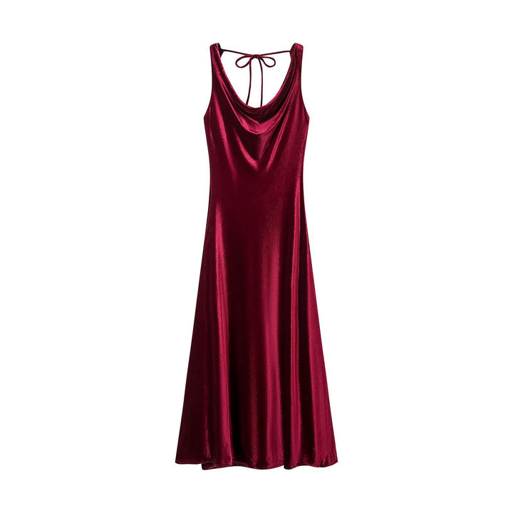Women's maxi dress made of satin with a waterfall neckline and strap binding at the back Mune Fashion