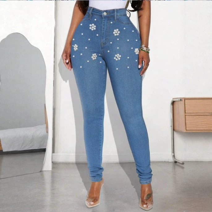 Women's High-Waisted Shaping Skinny Jeans with Pearl Blossom Application Mune Fashion