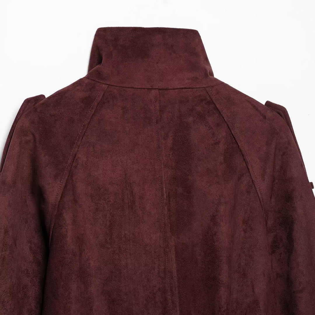 Women's short trench coat in suede look with high stand-up collar and tie belt Mune Fashion