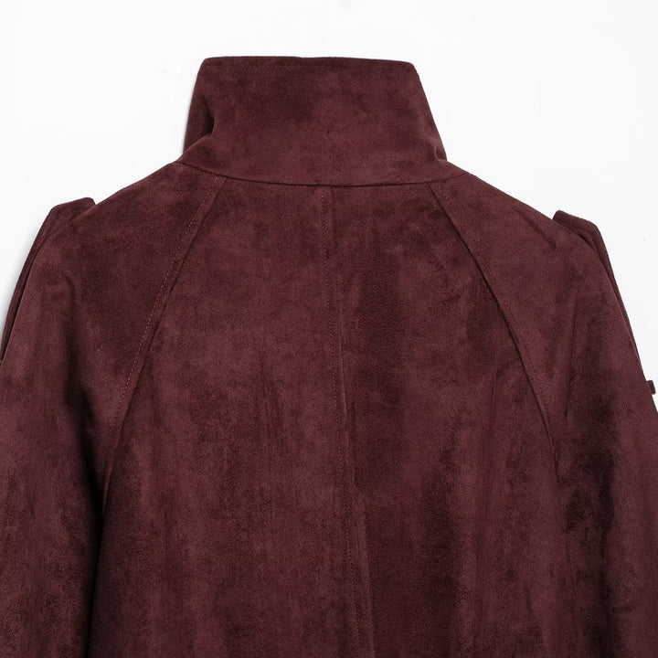 Women's short trench coat in suede look with high stand-up collar and tie belt Mune Fashion