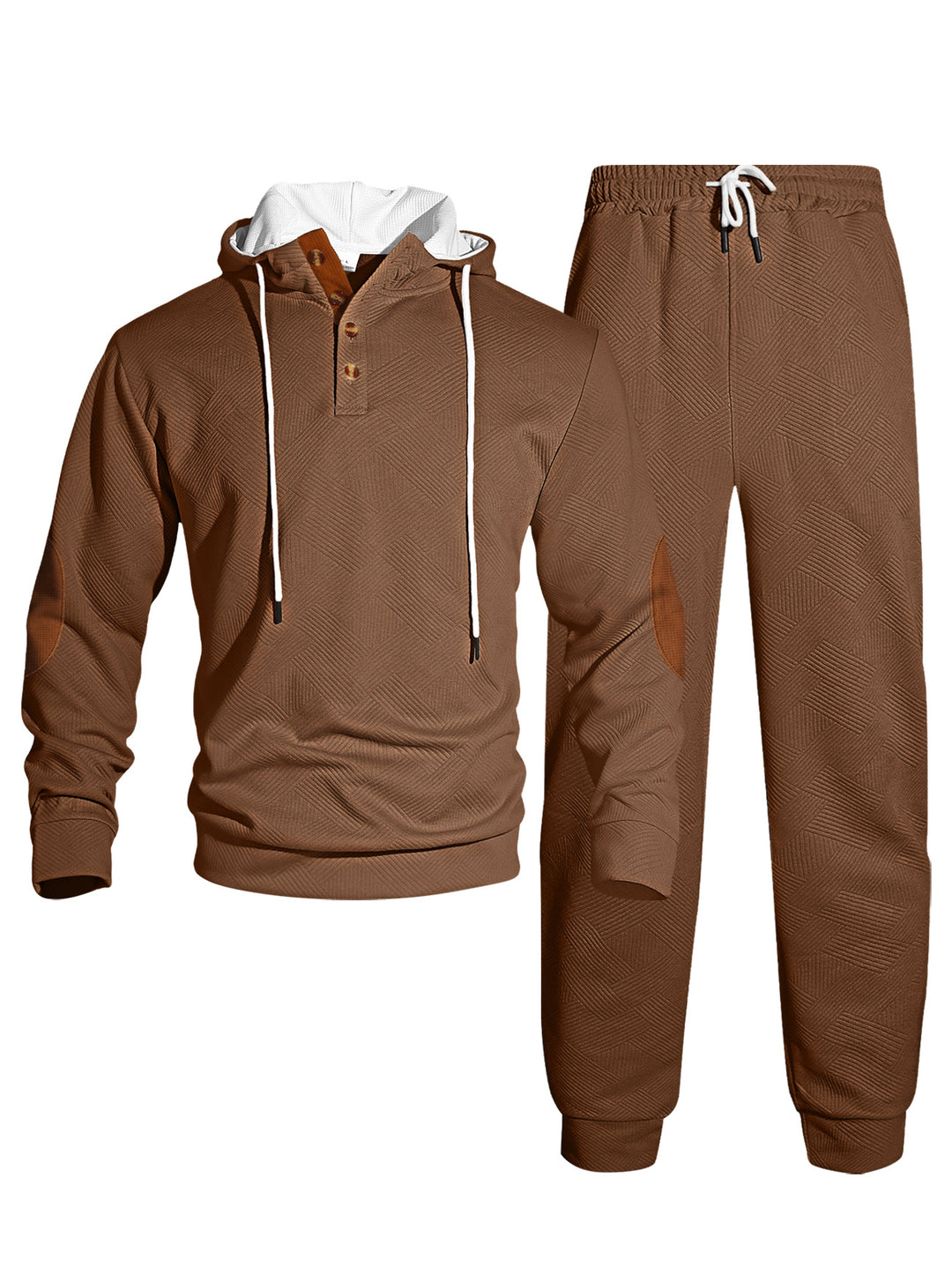 Men's waffle structure Henley hoodie set with wooden button placket elbow patches and tapered joggers Mune Fashion