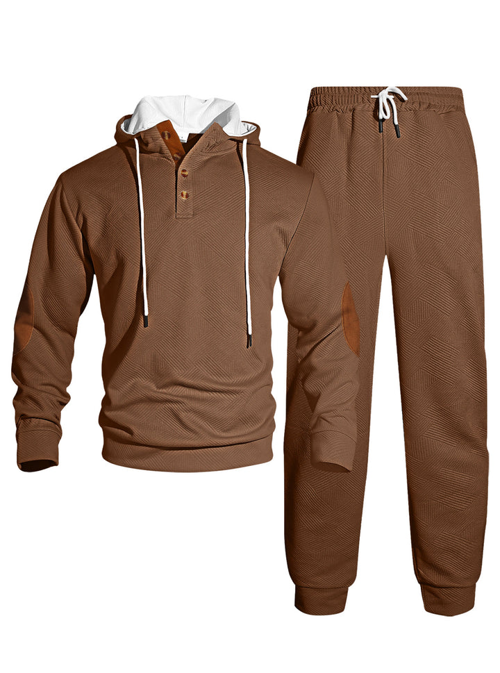 Men's waffle structure Henley hoodie set with wooden button placket elbow patches and tapered joggers Mune Fashion