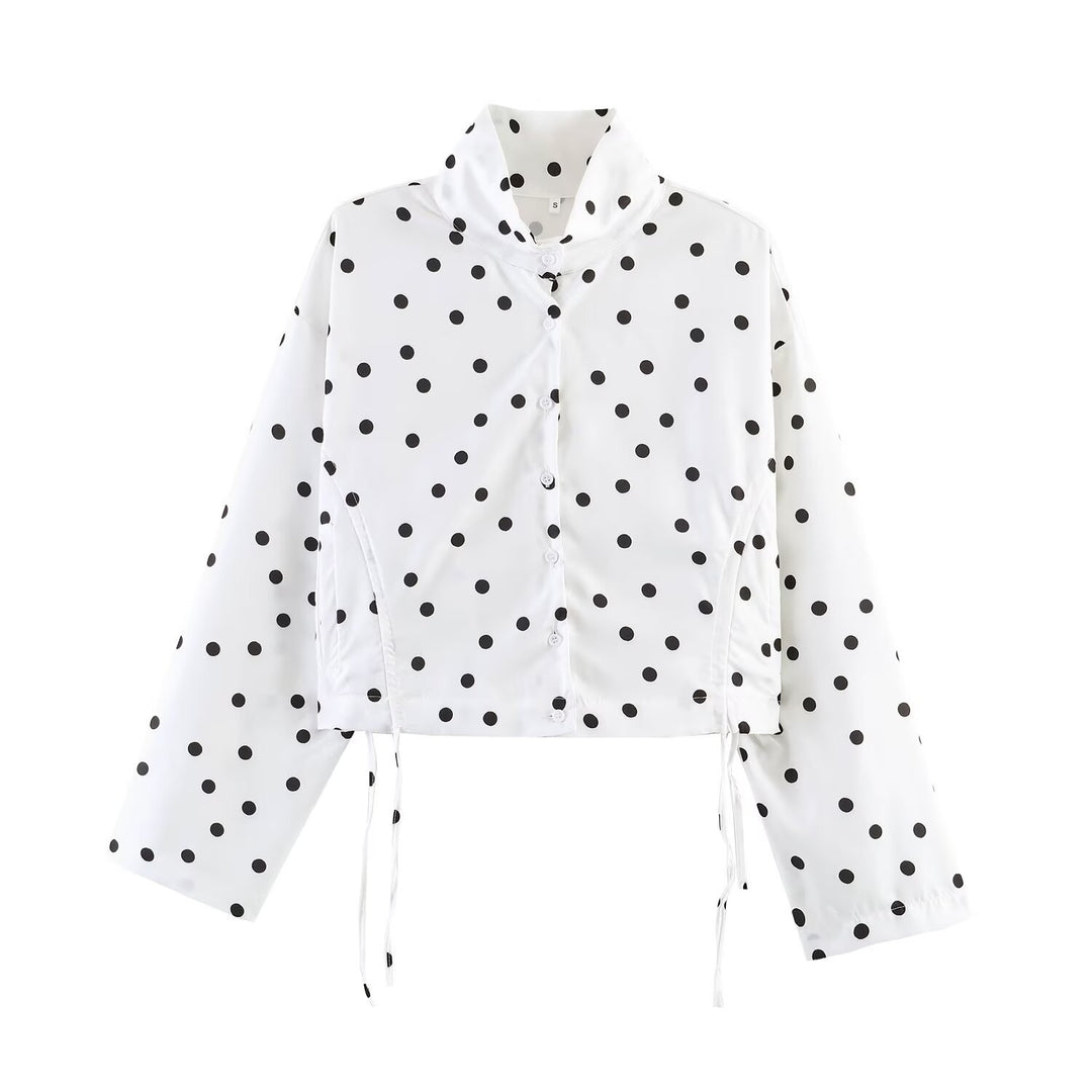 Women's Polka Dot Cropped Utility Jacket with Stand Collar and Drawstring Mune Fashion