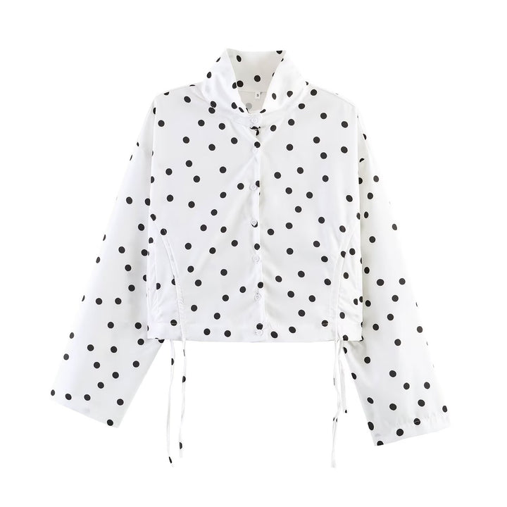 Women's Polka Dot Cropped Utility Jacket with Stand Collar and Drawstring Mune Fashion