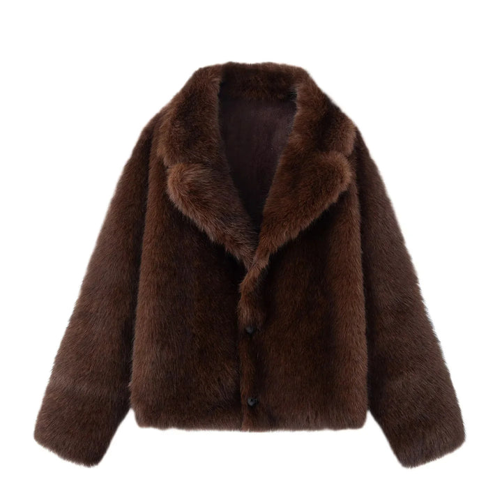 Women's nano short sheepskin-look jacket with voluminous shawl collar and concealed button placket Mune Fashion