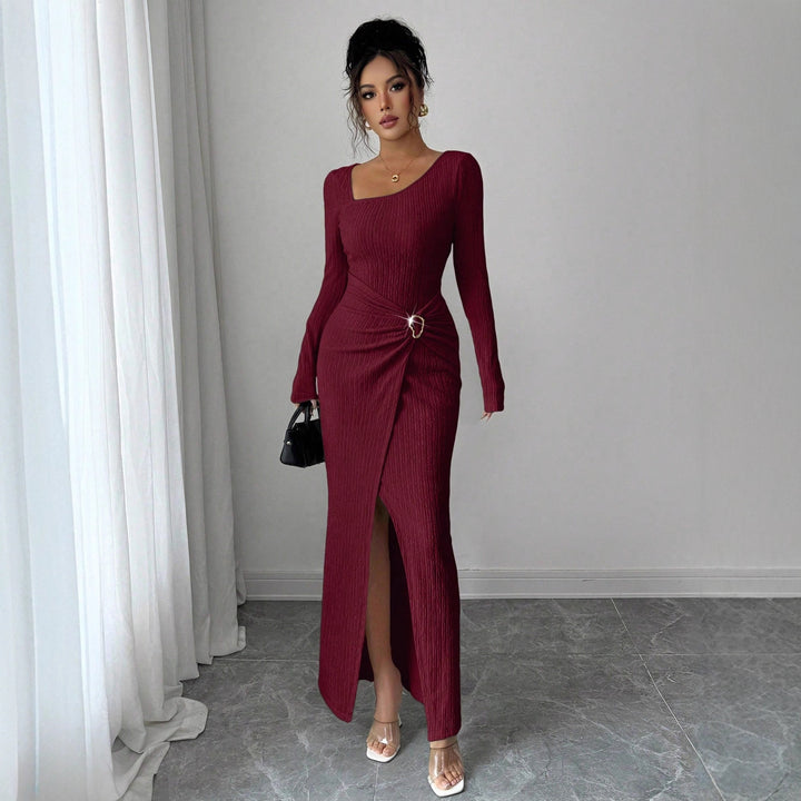 Women’s figure-hugging maxi dress made of ribbed knit with wrap detail and slit Mune Fashion