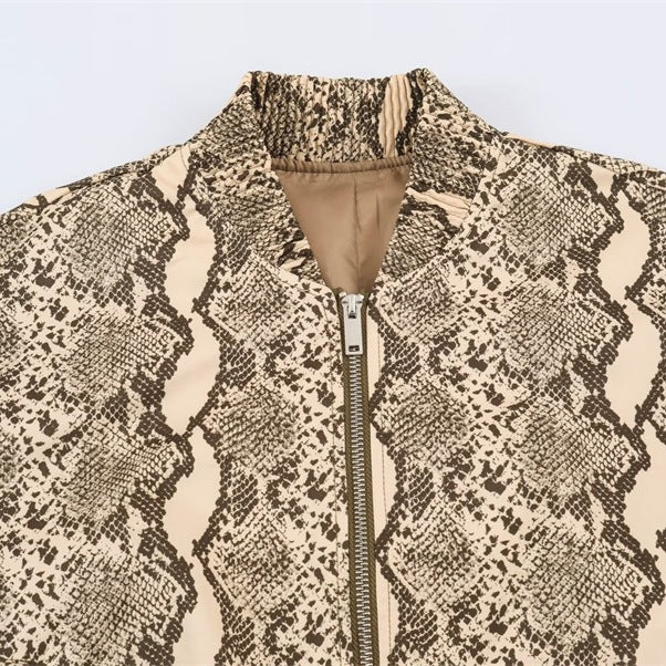 Ladies Oversize Bomber Jacket with Snake Print and Elastic Hem Mune Fashion