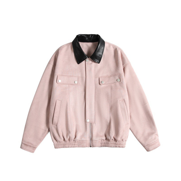 Women's short cut boxy bomber jacket with contrasting faux leather collar Mune Fashion