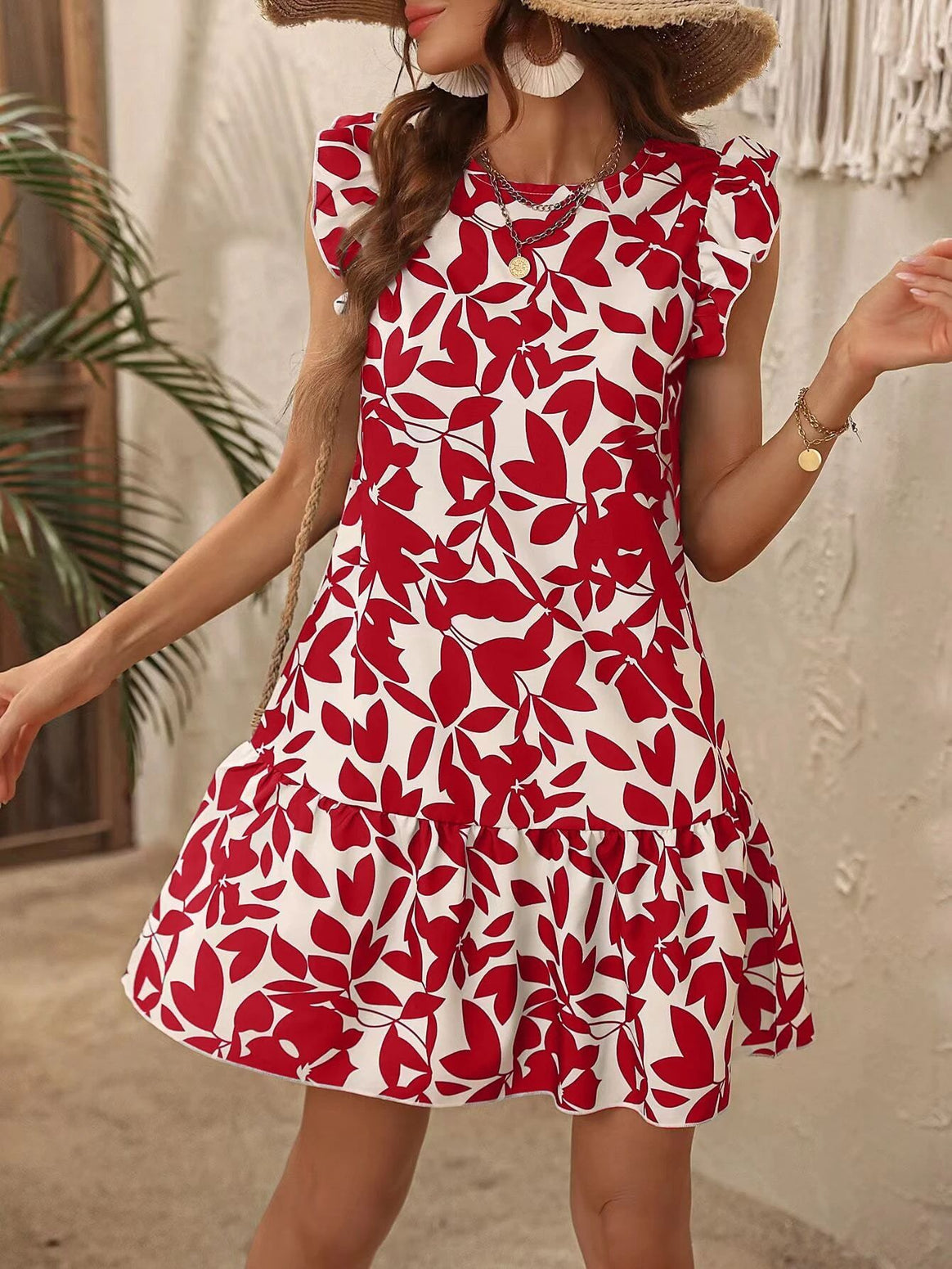 Women’s Light Tiered Short Dress with Ruffled Sleeves and Botanical Print Mune Fashion