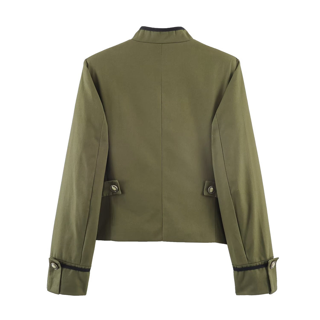 Women Military Inspired Short Jacket with Decorative Cord Overlay and Stand Collar Mune Fashion