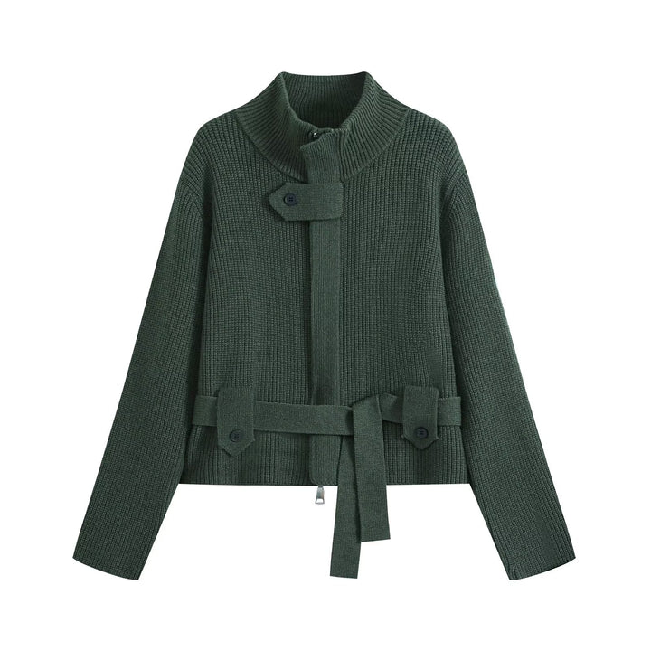 Ladies Short Knitted Tailored Cardigan with Stand-up Collar and Waist Belt Drune