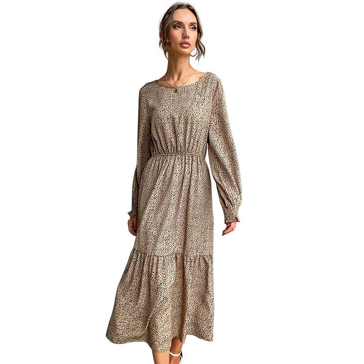 Women's Long Tiered Maxi Dress with Elastic Waist Gathering and Fine Polka Dot Print Mune Fashion