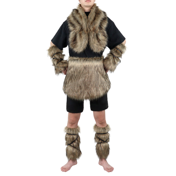 Men's Viking-inspired faux fur accessory set with shawl collar hip apron arm protectors and shin guards Mune Fashion