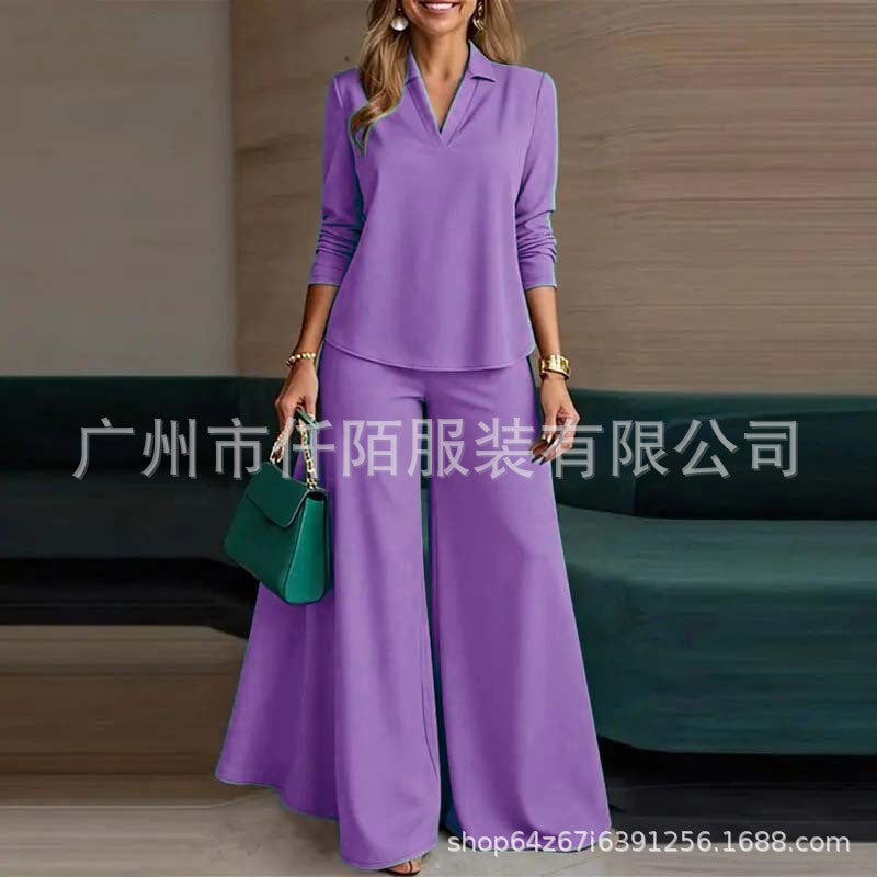 Ladies Elegant Two-Piece Palazzo Set with Shirt Collar Top and Wide Leg Mune Fashion