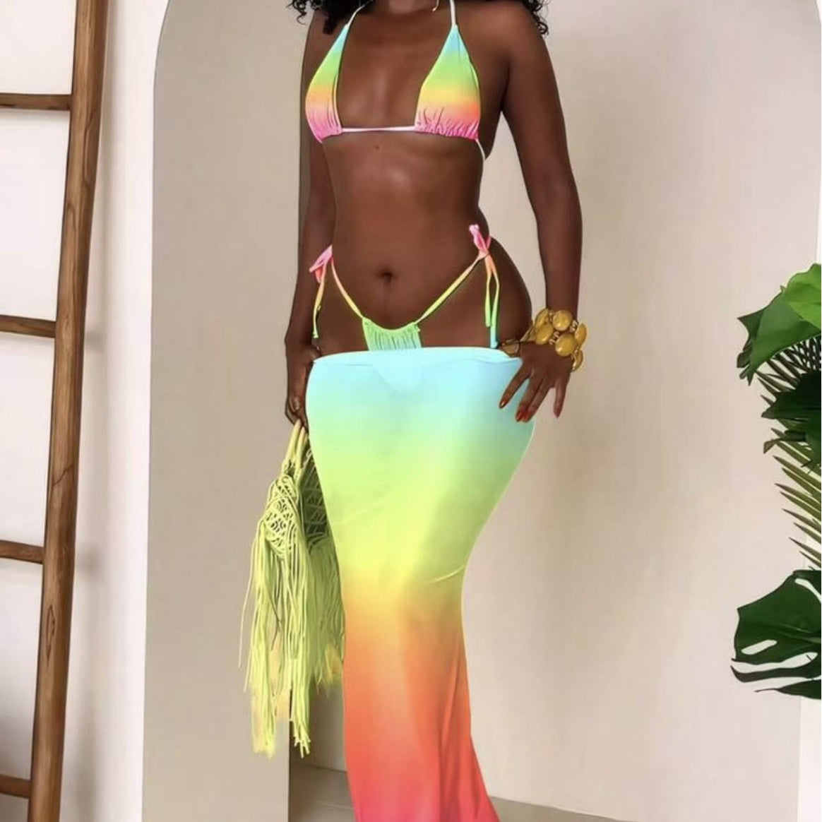 Women's bikini set with stylish lacing details and airy maxi dress overlay Mune Fashion