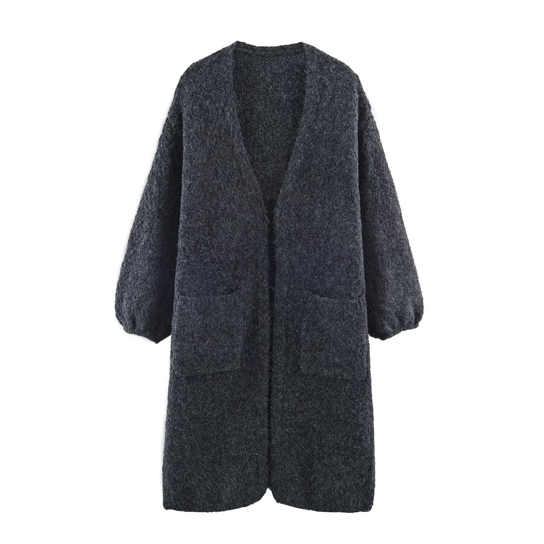Women's Oversized Knit Coat with V-Neck, Cozy Boucle Look and Patch Pockets Mune Fashion