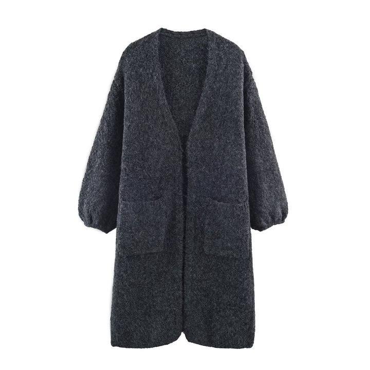 Women's Oversized Knit Coat with V-Neck, Cozy Boucle Look and Patch Pockets Mune Fashion