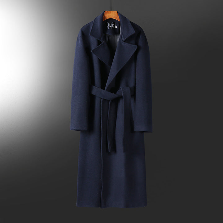 Men's extra long tailored wool blend coat with tie belt and wide shawl collar Mune Fashion