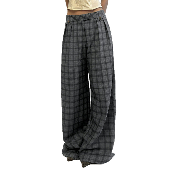 Women's Wide Checked High-Waist Culotte Pants with Pleats Mune Fashion