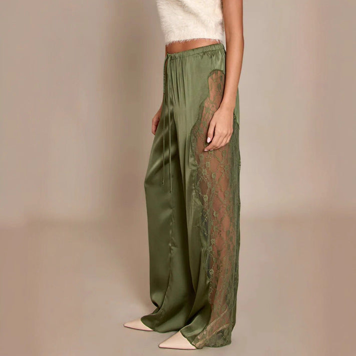 Women satin trousers with side lace inserts, wide leg and drawstring Mune Fashion