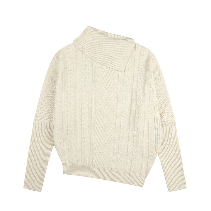 Women's asymmetrical cable knit sweater with diagonal turtleneck and oversized fit Mune Fashion