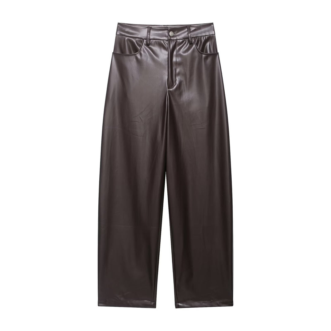 Women's Two-Piece PU Leather Ensemble with Field Jacket, Drawstring Waist and High-Waist Wide-Leg Pants Mune Fashion