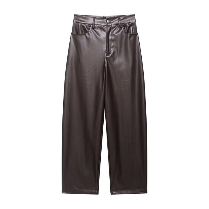 Women's Two-Piece PU Leather Ensemble with Field Jacket, Drawstring Waist and High-Waist Wide-Leg Pants Mune Fashion