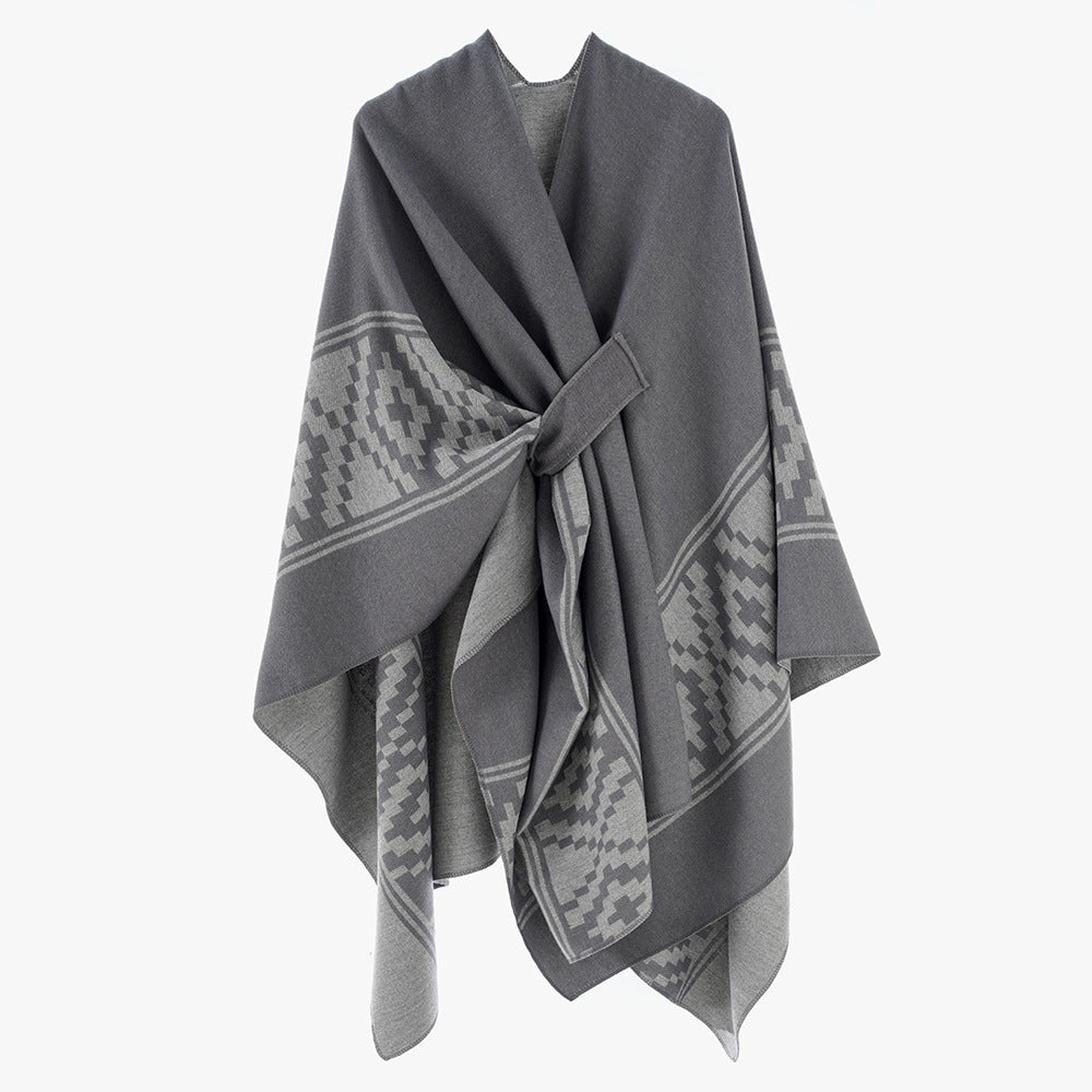 Women's Jacquard Ruana with TIE BELT and geometric pattern Mune Fashion