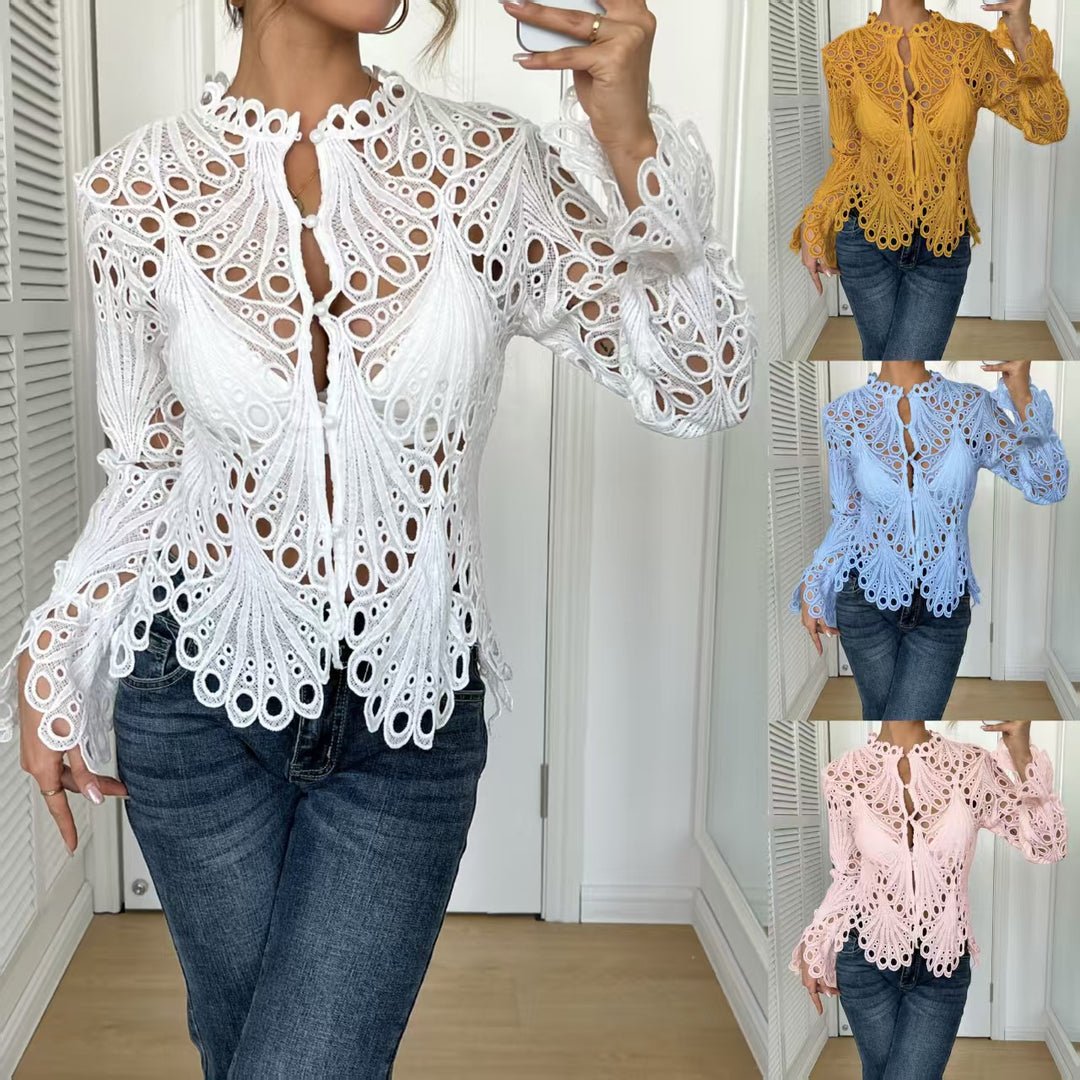 Women's filigree crochet lace blouse with stand-up collar, decorative button placket, and wavy hem Mune Fashion