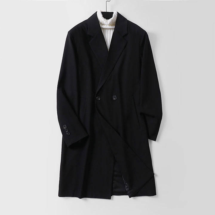 Men's longline coat in minimalist cut with shawl collar and double-breasted button placket Mune Fashion
