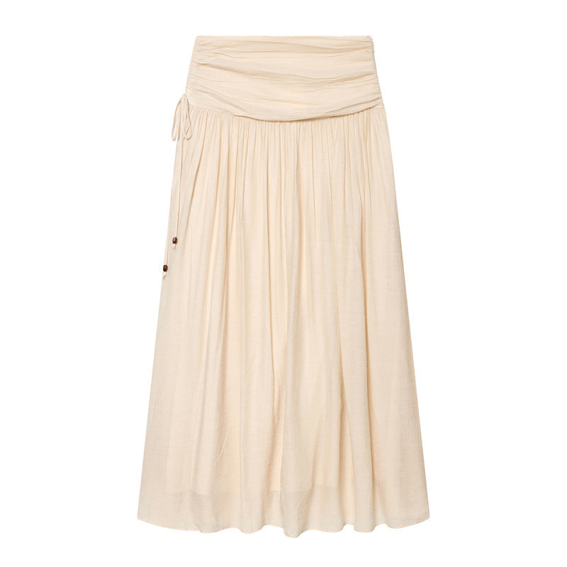 Women Maxi Skirt with High Waist, Side Decorative Cord and Wide Pleated Fall Mune Fashion