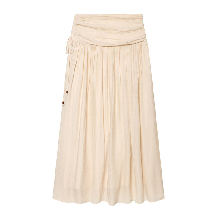 Women Maxi Skirt with High Waist, Side Decorative Cord and Wide Pleated Fall Mune Fashion