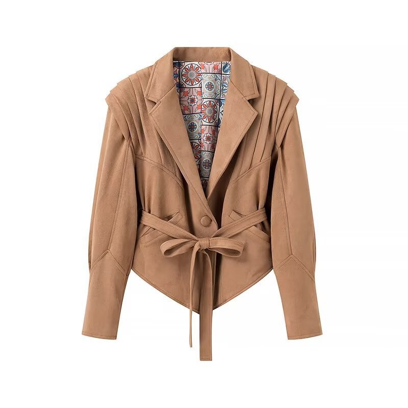 Women Suede Wrap Jacket with Waist Belt and Structured Shoulder Details Mune Fashion