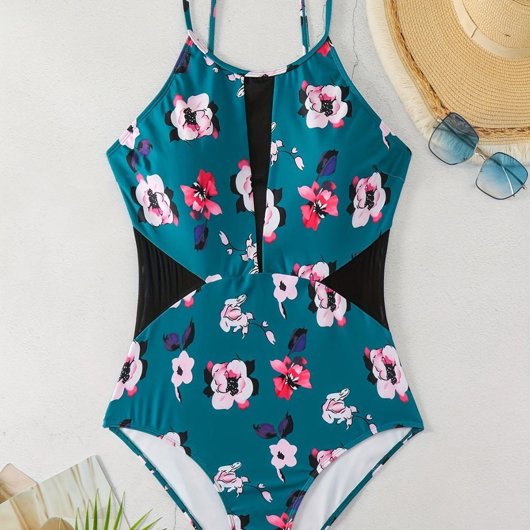 Women One-Piece Swimsuit with Fashionable Floral Design and Stylish Black Mune Fashion
