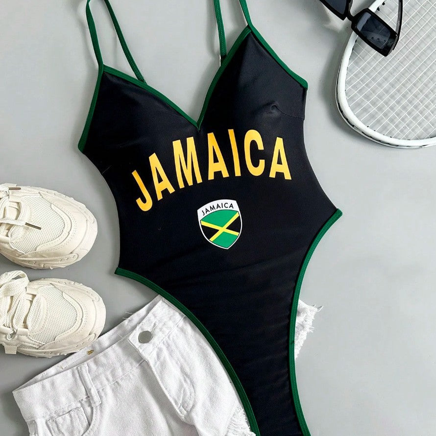 Ladies sporty one-piece swimsuit with distinctive logo motif Mune Fashion