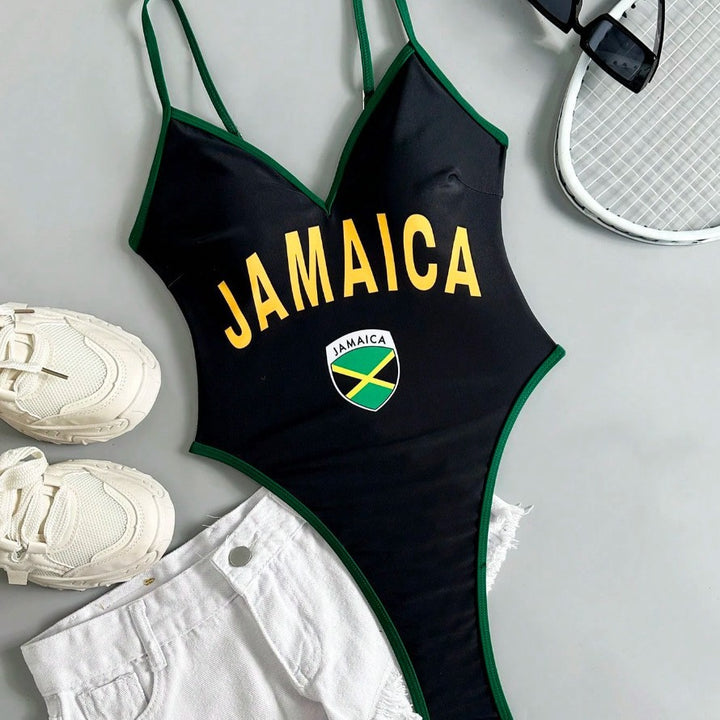 Ladies sporty one-piece swimsuit with distinctive logo motif Mune Fashion