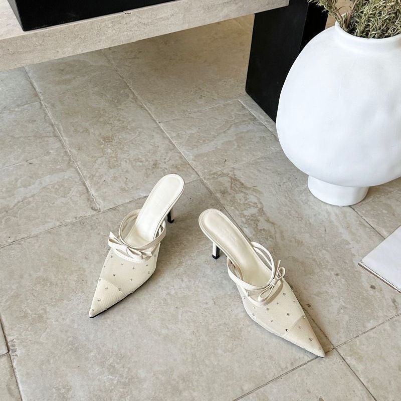 Women Elegant pointed toe Mesh Mules with low Kitten heel and bow strap Mune Fashion