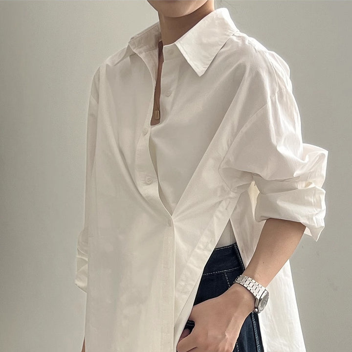 Women’s Oversized Shirt Blouse with Asymmetric Hem and Dropped Shoulder Mune Fashion