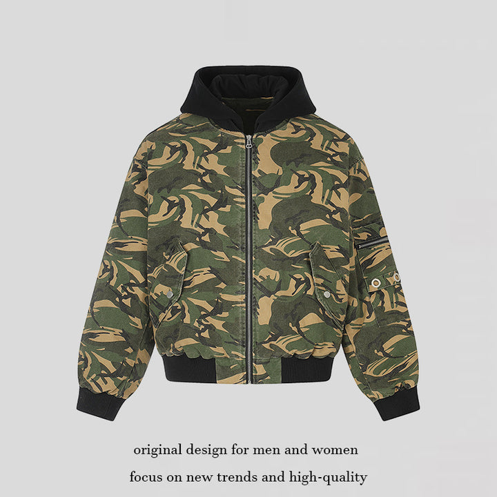 Ladies Oversize Utility Bomber Jacket with Hood, Zip Front and Sleeve Pocket Mune Fashion