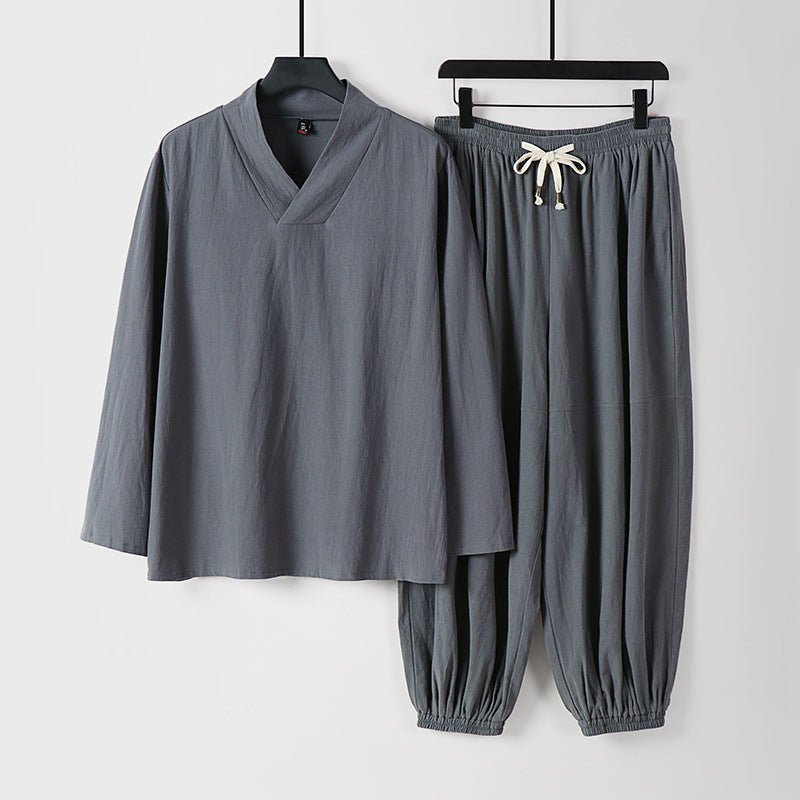 Men's Loose Linen Loungewear Set with V-Neck Elastic Waist and Gathered Ankles Mune Fashion