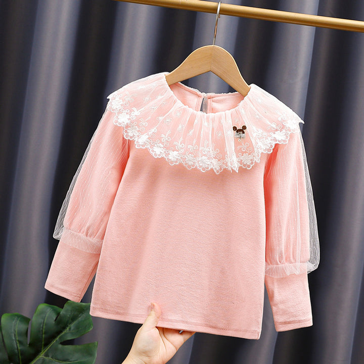 Girls sweatshirt with elegant lace and transparent puff sleeves Mune Fashion