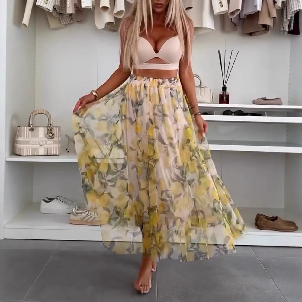 Women's flowing maxi skirt with layered chiffon overlay, elastic waistband and fine floral print Mune Fashion