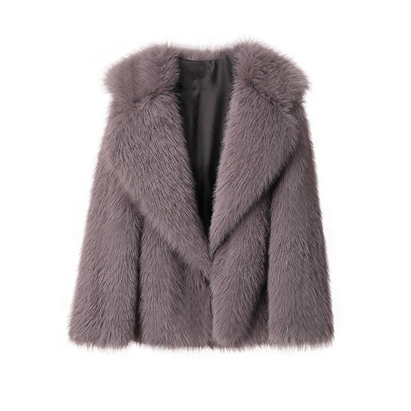 Ladies Luxurious Short Coat made of Long-Pile Faux Fur with Wide Shawl Collar Mune Fashion
