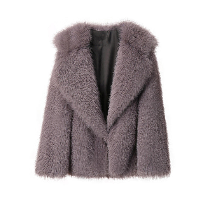Ladies Luxurious Short Coat made of Long-Pile Faux Fur with Wide Shawl Collar Mune Fashion