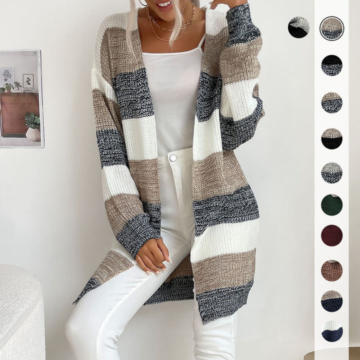 Women's Long Oversized Knit Cardigan with Block Stripes and Open Front Mune Fashion