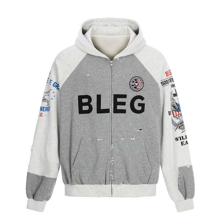 Men's Zip Hoodie in Vintage College Look with Raglan Sleeves and Distressed Details Mune Fashion