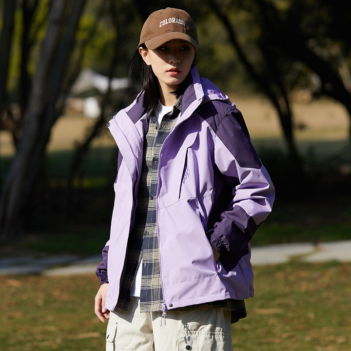 Women two-layer water-repellent outdoor jacket with hood, waist adjustment and contrast piping Mune Fashion