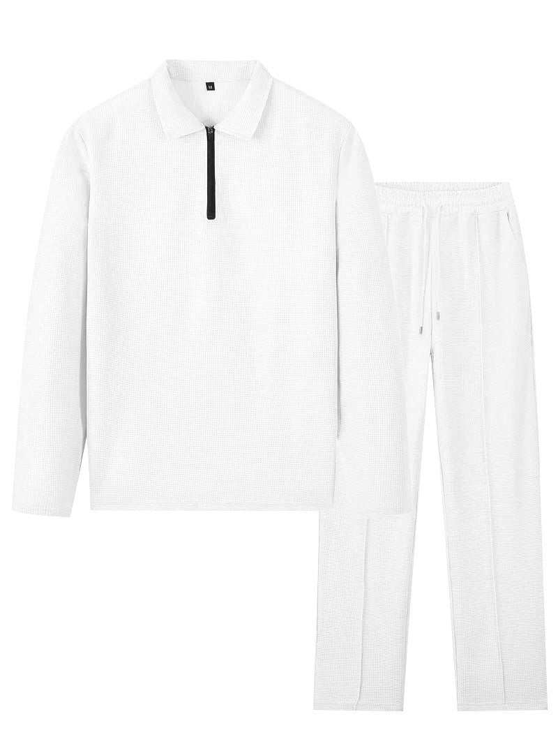 Unisex Nan Waffle Structure Leisure Set with Half-Zip Polo Shirt and Elastic Waist Pants Mune Fashion